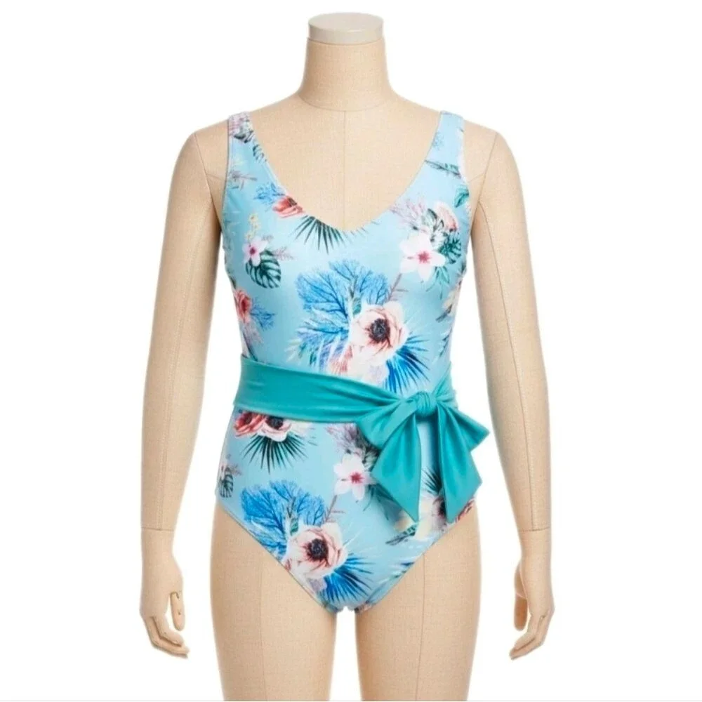 LYSA 1X (18W/20W) Nadia Blue Floral V-neck Swimsuit Open Back Tummy Smoothing